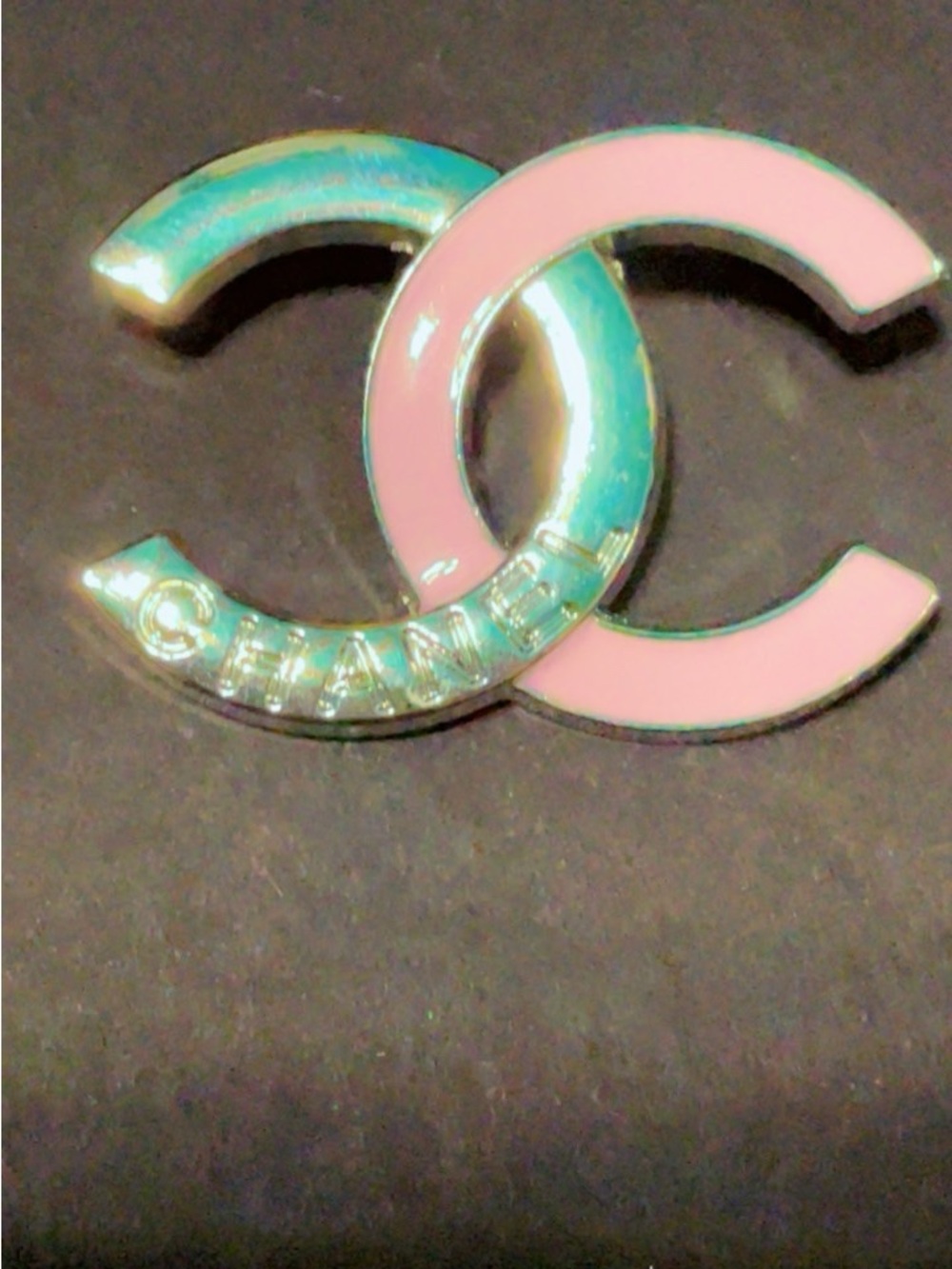 CHANEL Pink and Teal Interlocking CC Enamel Brooch
